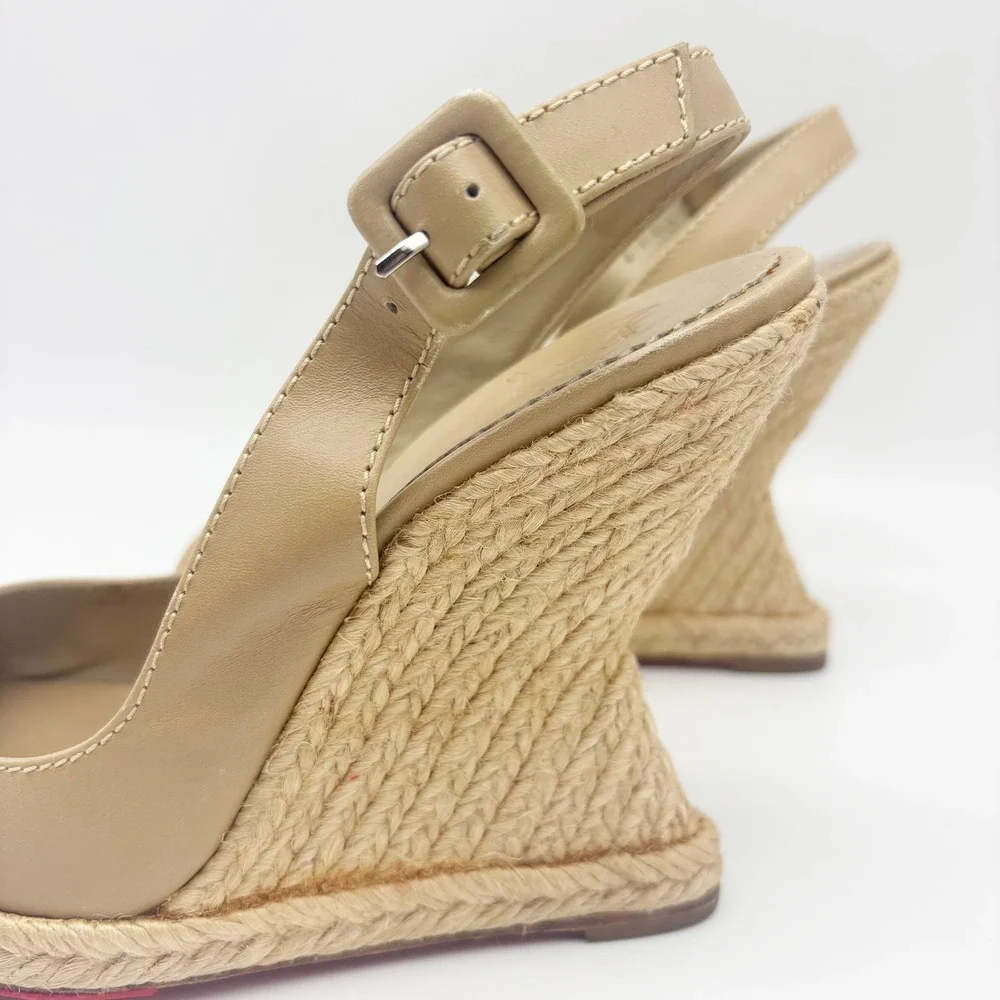 Christian Louboutin You Love Beige Leather Slingback Espadrille Wedges Size 36